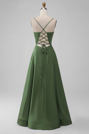 Green Satin V Neck A-line Long Bridesmaid Dress